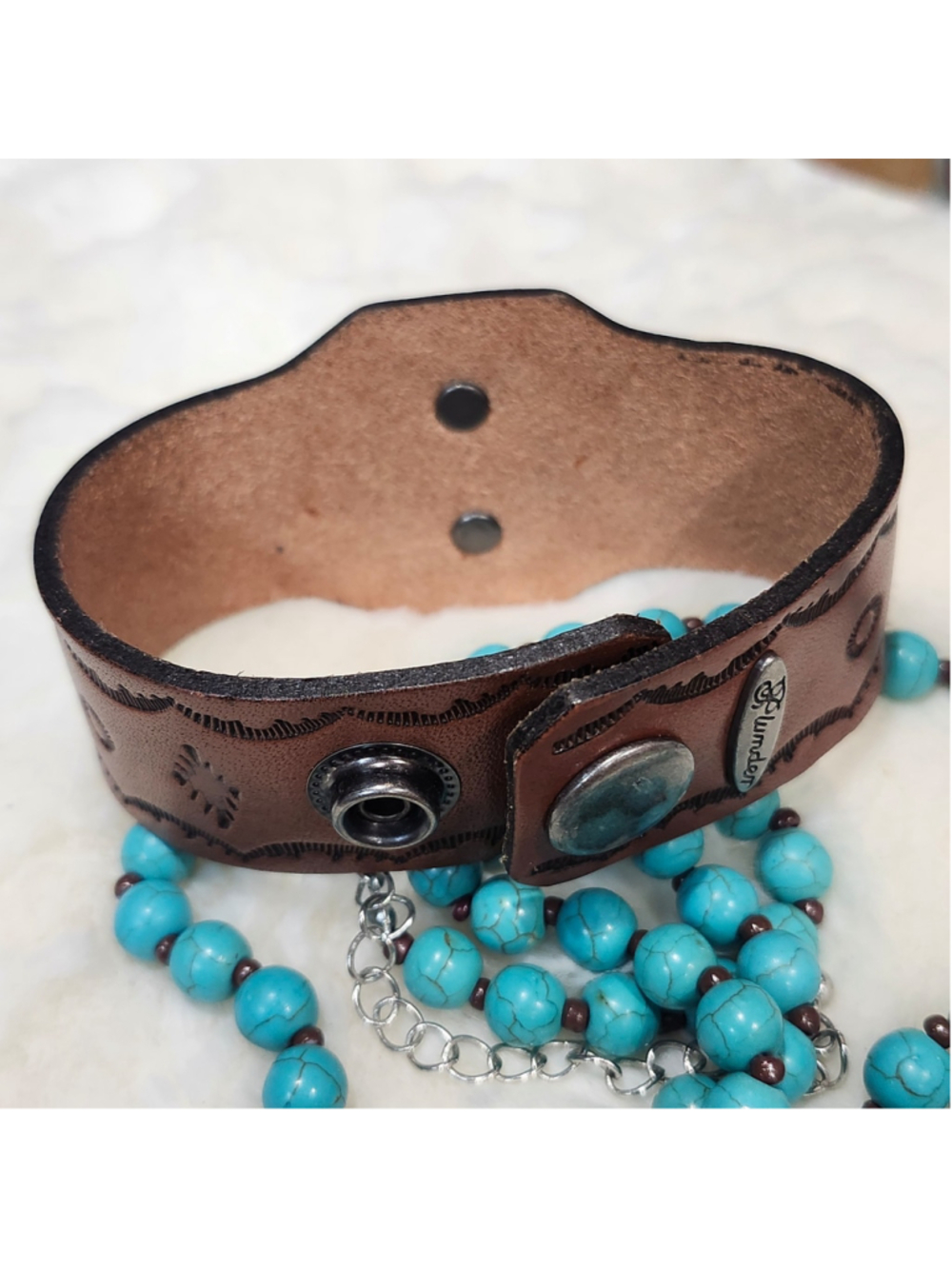 Plunder leather Bracelet Matching Necklace Turquoise color beaded Jewelry - Picture 4 of 6
